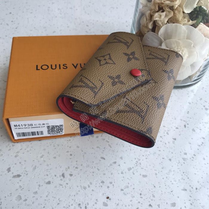 LV錢包 海外原單 M41938紅色 黃花 LV零錢包 短款豆豆錢包  ygqb1021
